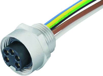 A round connector with several colourful cables, including blue, green-yellow, brown and white, protrudes to the right-hand side.