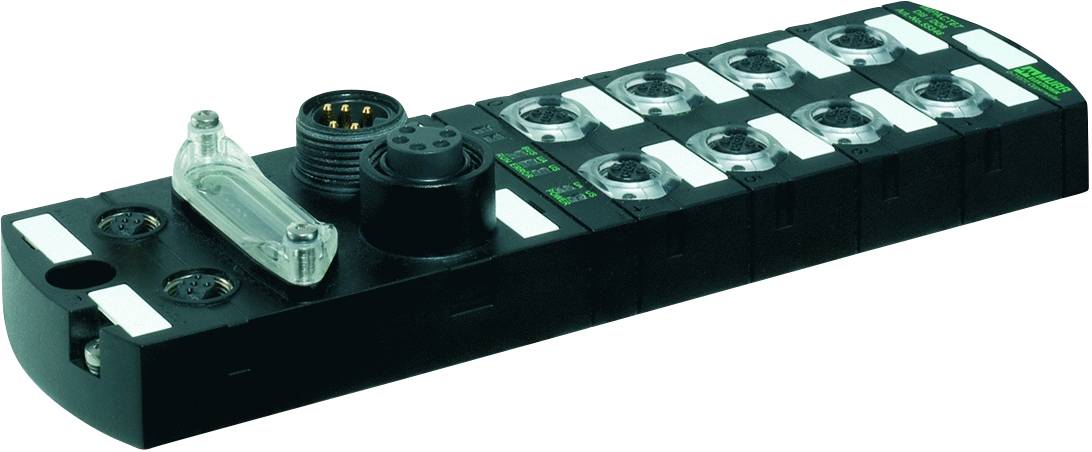 A black, rectangular connection unit with multiple round plugs and sockets, suitable for industrial applications.
