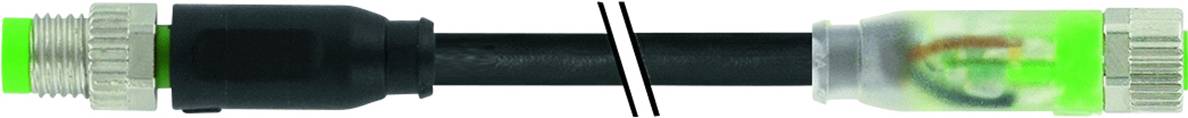 A black cable with a metal plug on the left side, connected to a transparent plug section on the right side.