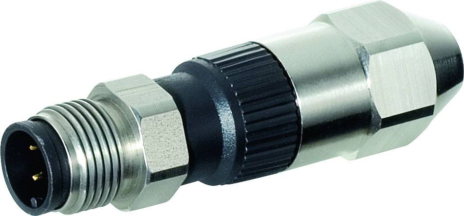 A metallic, cylindrical plug with threading and multiple pins, likely for industrial electrical connections.