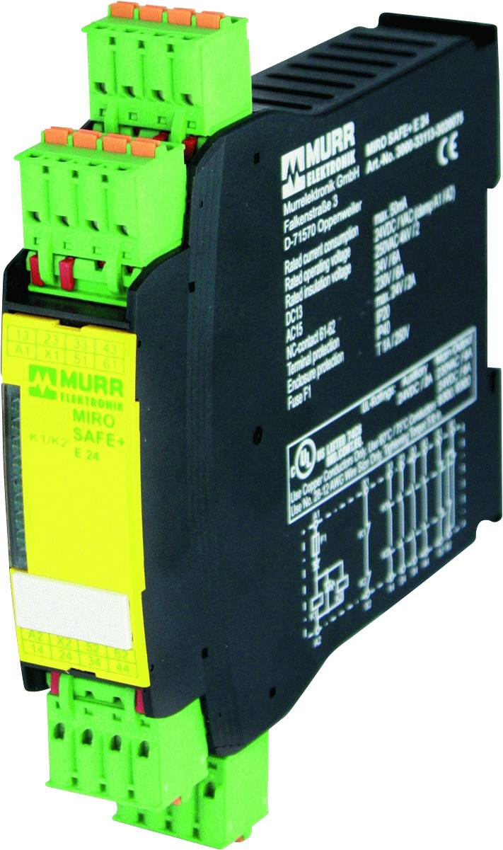 A digital safety relay by Murrelektronik, type MIRO SAFE+, in green and black with yellow labels.