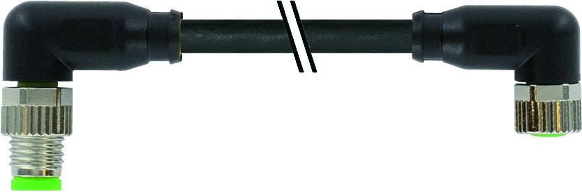 Black plastic hose connecting two metal adapters at right angles, with green end caps at the extremities.