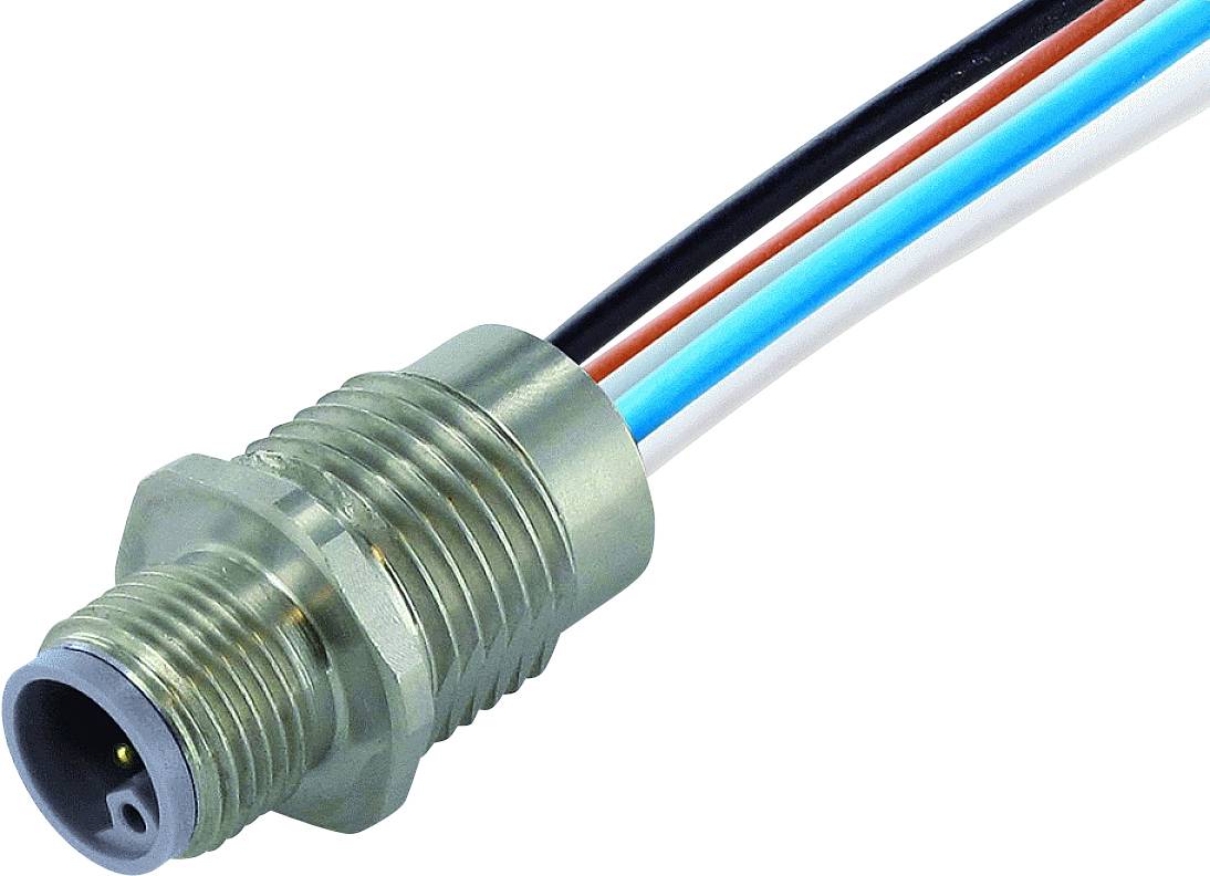 Silver cylindrical cable plug with multiple coloured wires: black, white, red, blue. Used for electrical connections.