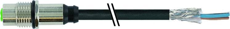 Illustrated is a cut cable plug with a metal housing and exposed, shielded inner conductors.