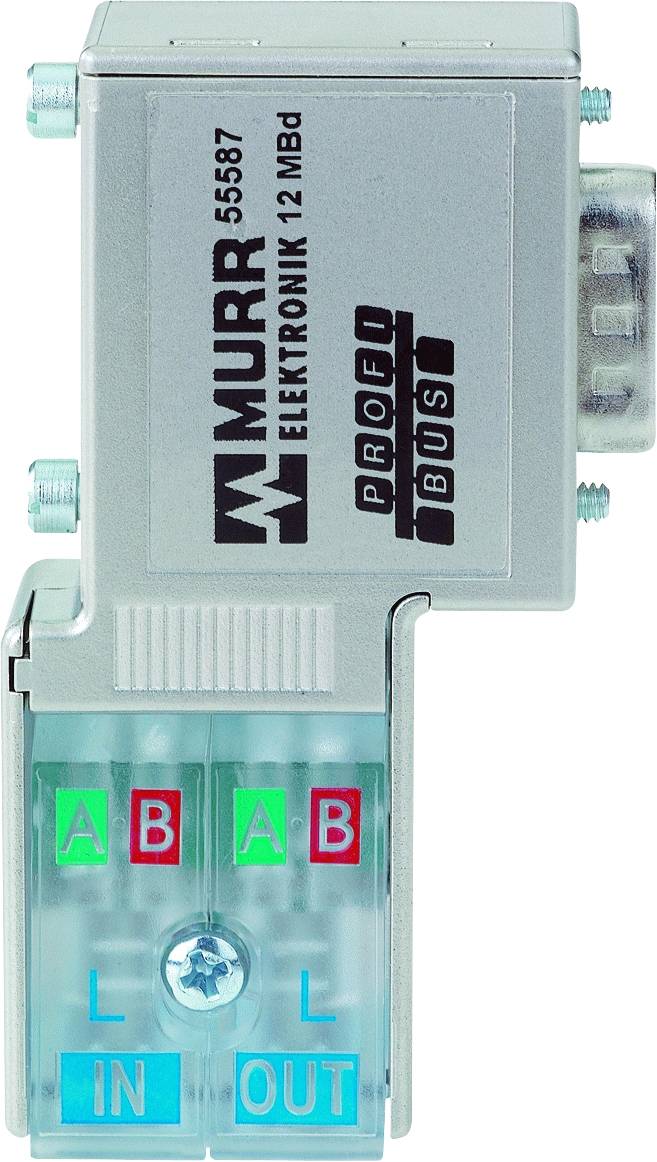 Murr Elektronik Profibus distributor with readable connections for input and output, model number 55587, for industrial networks.