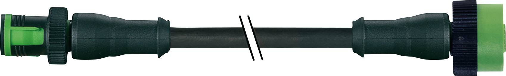 A green garden hose connector with a black hose between two end pieces, ready to be attached to a tap.