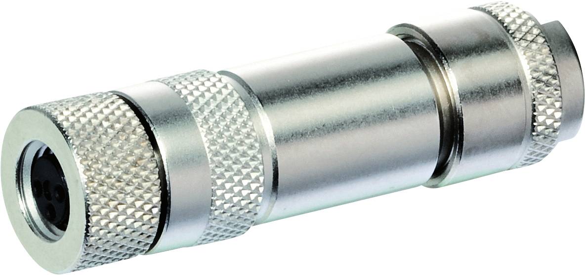 A silver, screw-type metal plug with a ribbed surface and multiple pins, suitable for electronic connections.