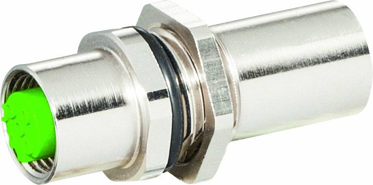 A silver metal cylinder with a green internal component. Potentially a connector or adapter with a threaded ring.