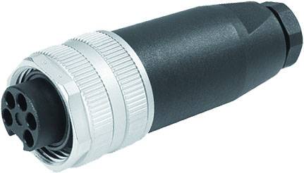 Black and silver electronic plug with five pin holes, suitable for industrial applications.