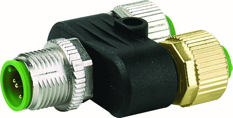 A T-type electrical connector with green-marked socket couplings and a black housing.