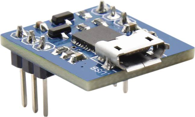 Small electronic module with USB port, multiple pins and microchip on blue circuit board, suitable for technical applications.