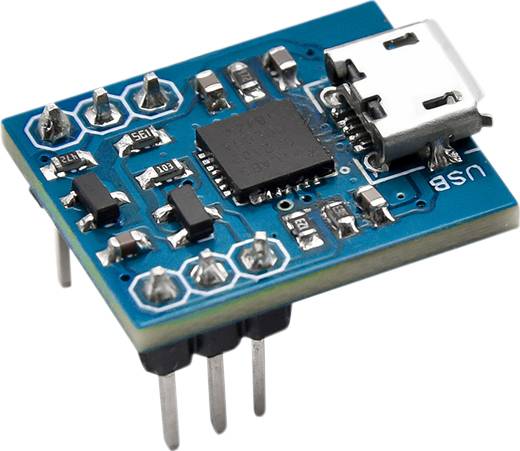 A small, blue microcontroller board with a USB port, multiple chips and connectors; a typical example of electronic components.