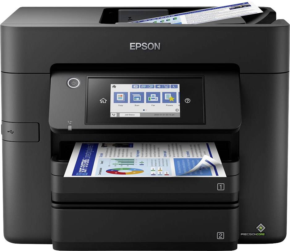 A black printer is printing a coloured document with graphics. Another document is located in the scanner above.
