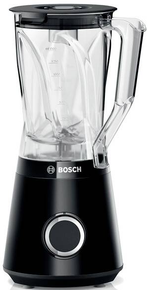 Black Bosch blender with a transparent container and scale on the front, suitable for kitchen applications.