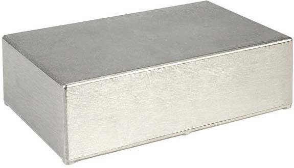 Silver, rectangular metal enclosure that possibly serves as a protective housing for electronic components.