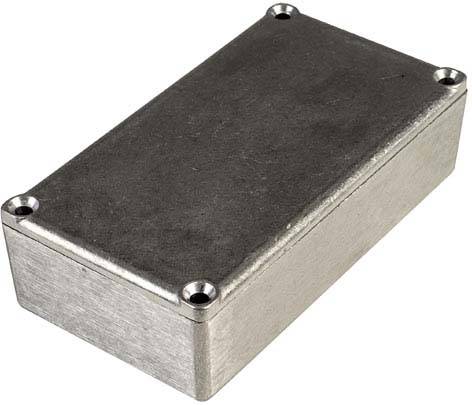 Rectangular metal enclosure with screws at the corners, used as a protective housing for electronic components.