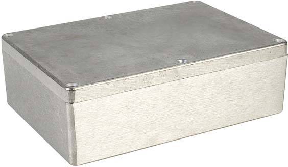 Rectangular silver metal enclosure with a removable lid, suitable for housing electronic components.