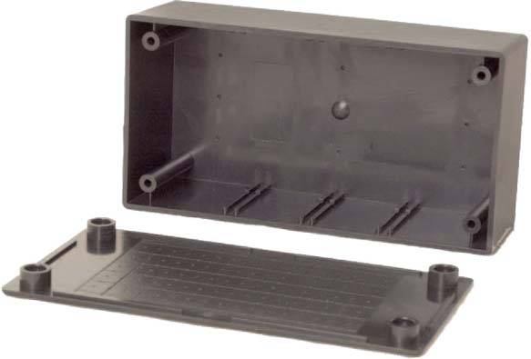 Black, rectangular plastic enclosure with removable cover, suitable for electronic projects or wiring solutions.