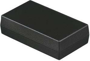 Black, rectangular plastic casing with a removable cover, lying on a white background surface.