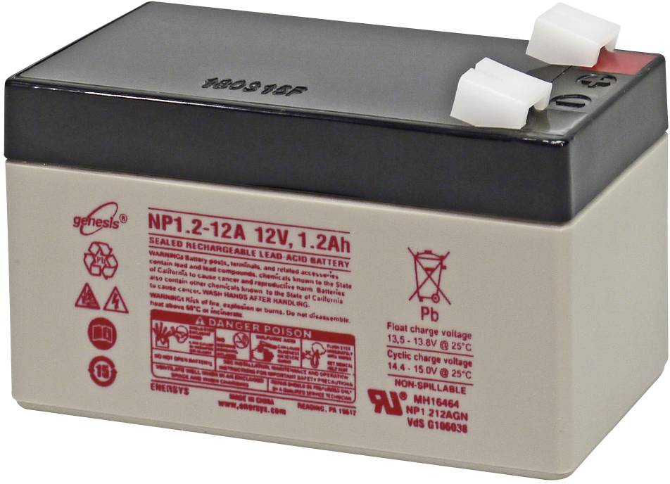A 12V 1.2Ah lead-acid battery with red warning notices and symbols on the front. Top surface with two white connection terminals.