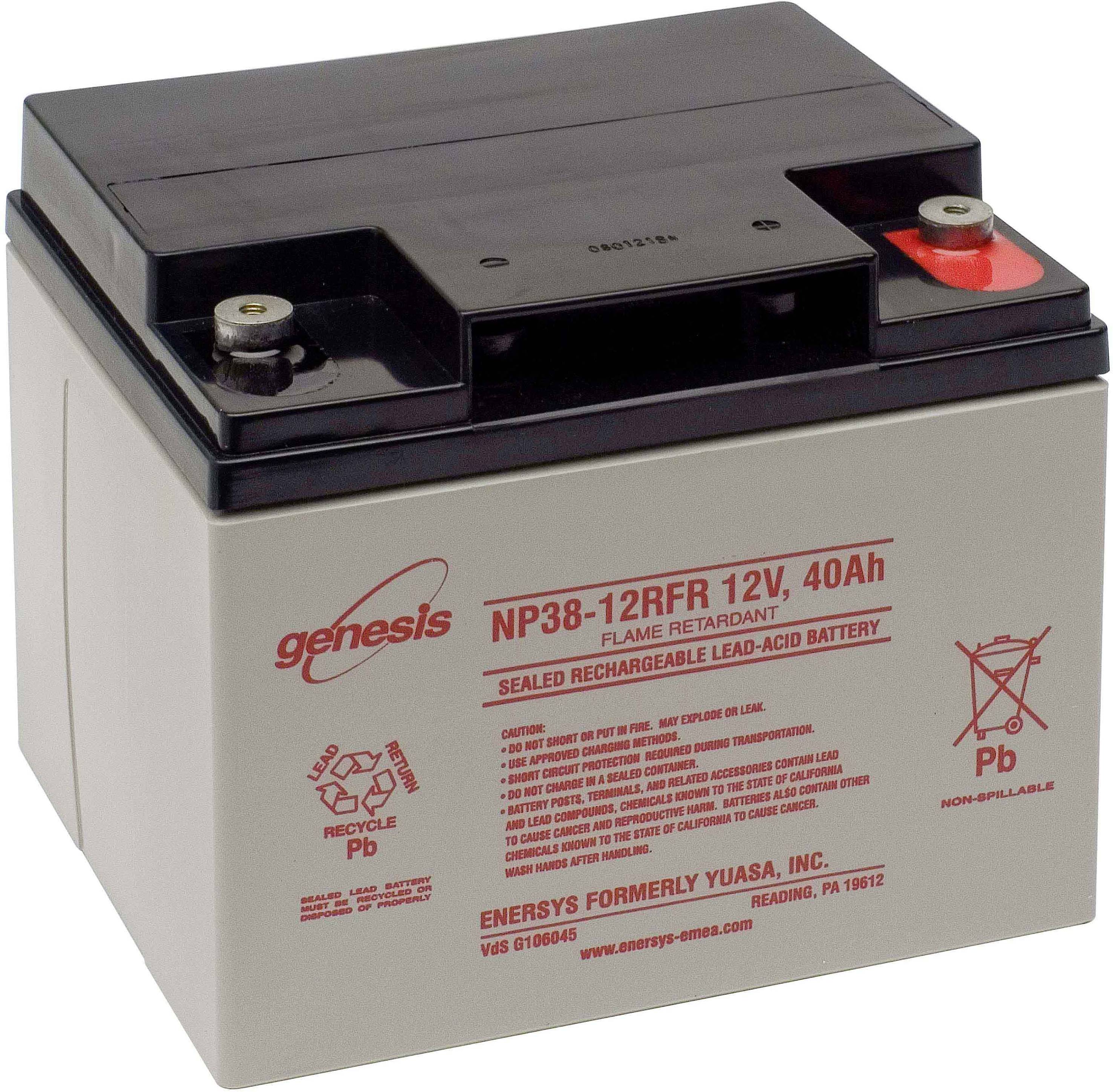Rechargeable 12V, 40Ah Lead-Acid Battery by Genesis, suitable for Emergency Power Supply. Flame-retardant, recyclable.