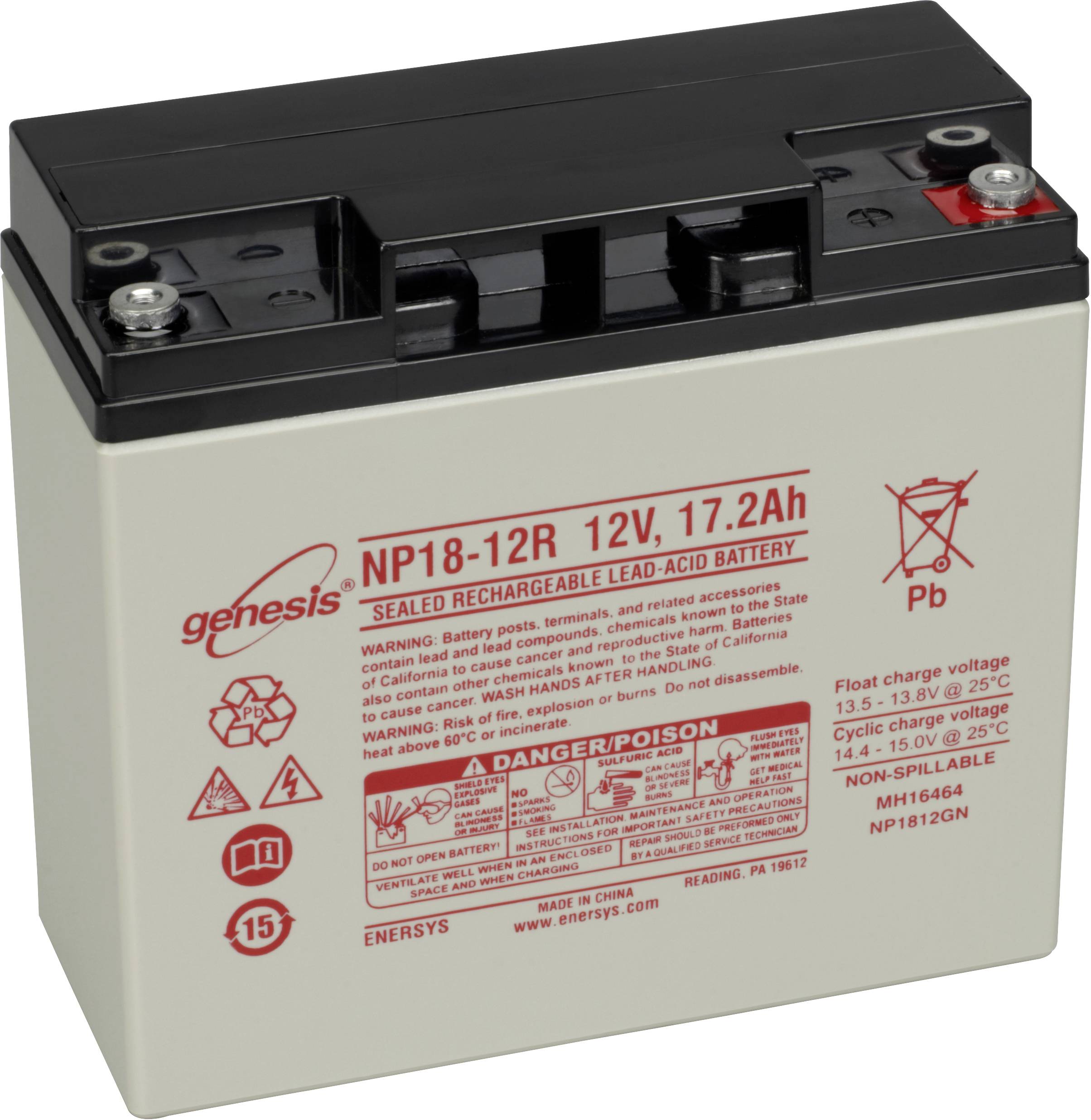 EnerSys Hawker Genesis NP18-12 VRLA 12 V 17.2 Ah AGM (W x H x D) 181 x 167 x 76 mm M5 connector, M6 connector Maintenance-free