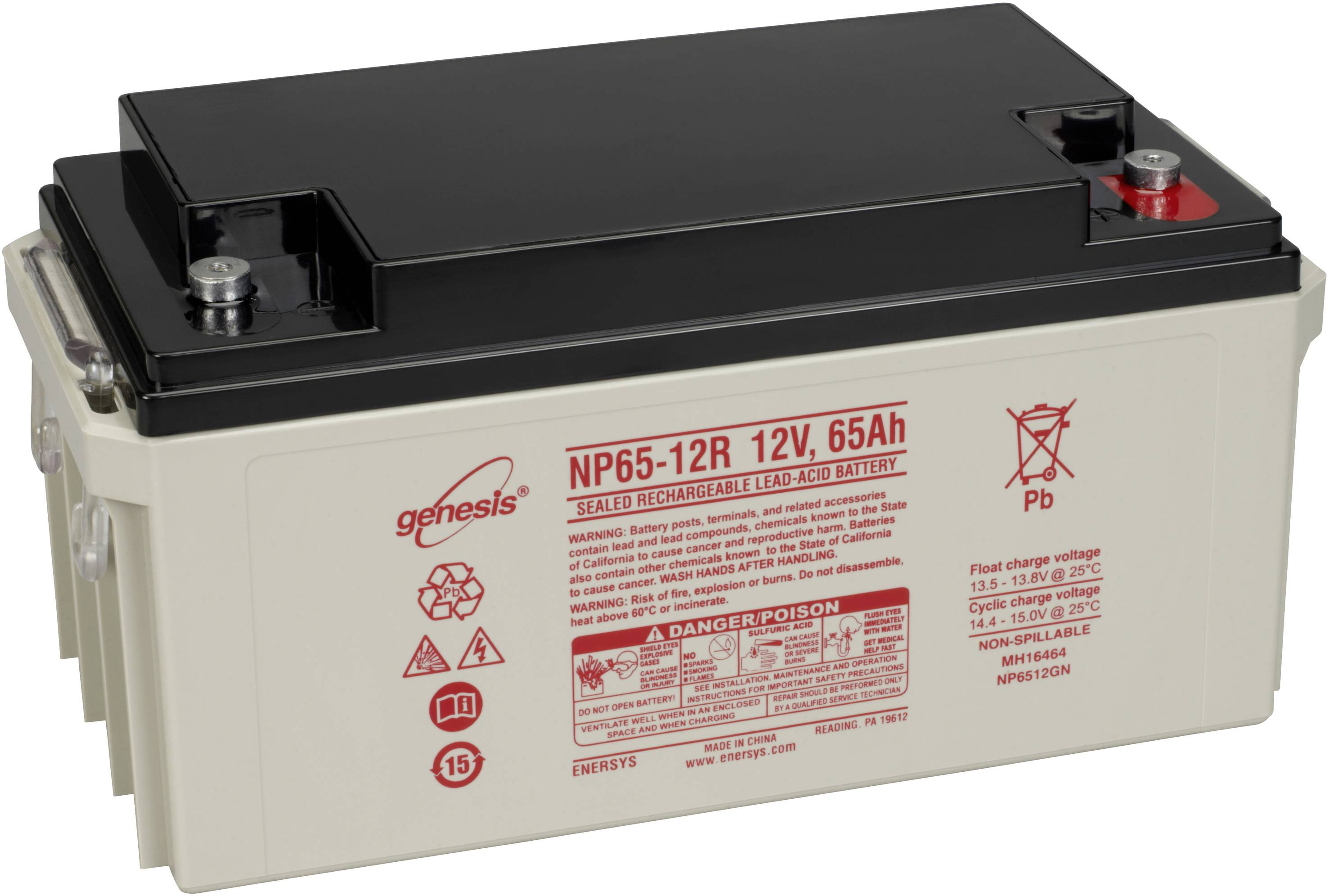 Sealed lead-acid battery with 12V and 65Ah. Safety warnings and symbols on the front.