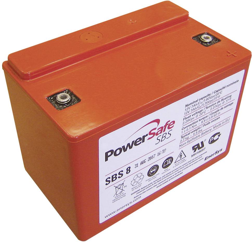 Red battery with the inscription 'PowerSafe SBS', technical specifications and safety signs on the label.