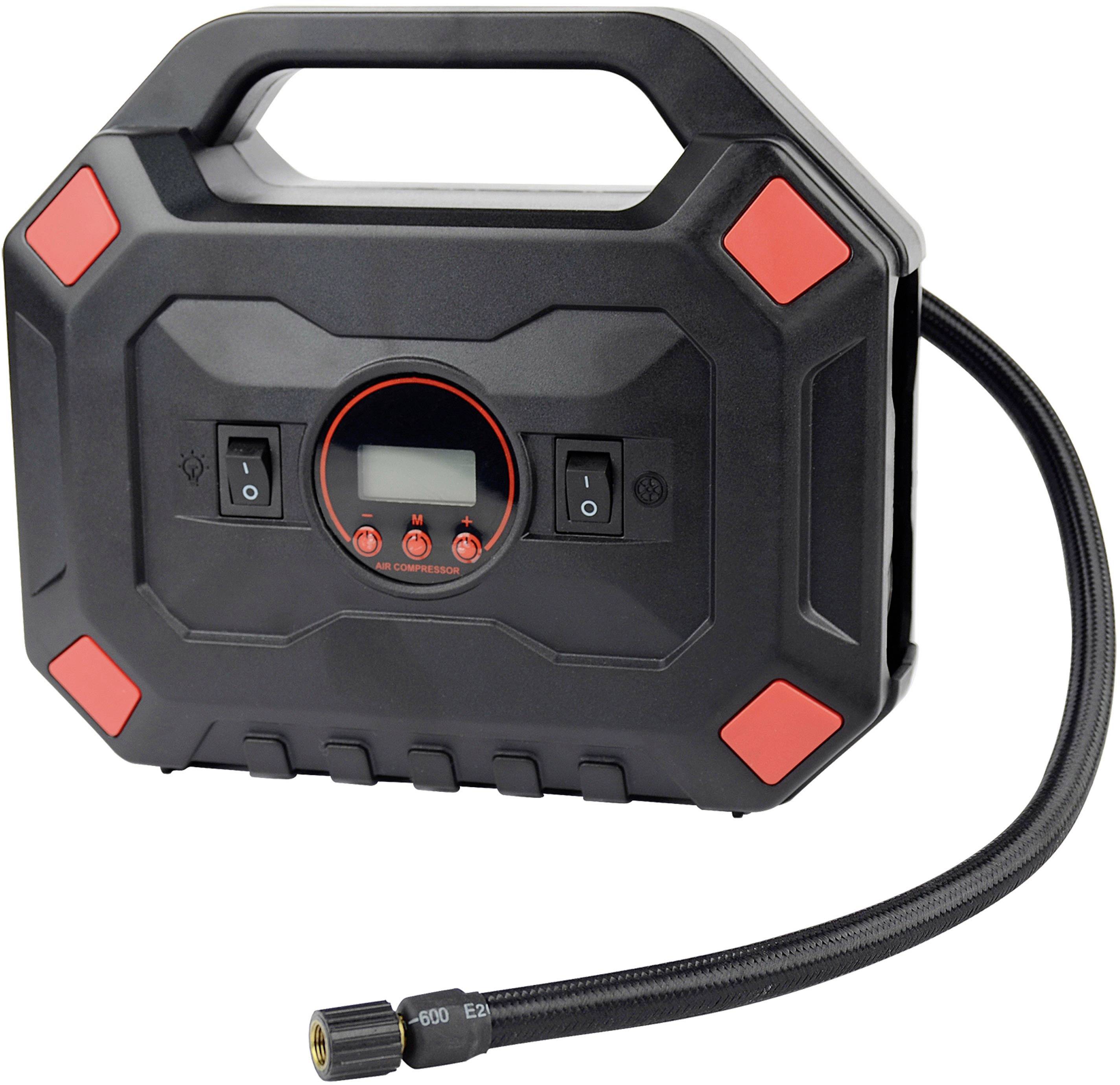 Black portable air compressor with digital display and red accent, showing the pressure value. Adjustable hose on the side.