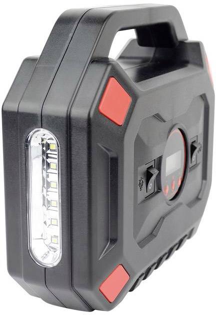 Black portable car emergency jump starter with a red accent. Integrated LED lights are located on the side.