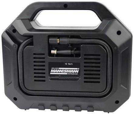 Portable 12-volt Mannesmann compressor with hose and adaptor, suitable for inflating tyres and balls.