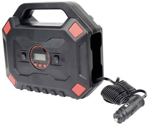 Portable air compressor with digital display and cable, suitable for car tyres. Compact design, easy to transport.
