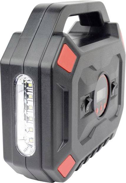 A portable black air compressor with a digital display and a red accent on the front. It has side-mounted LEDs.
