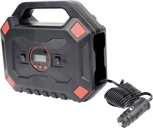 A portable car battery charger with a digital display and coiled cable, suitable for connecting to the cigarette lighter.