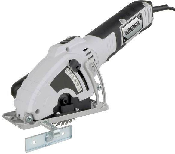 Hand-held circular saw with a black handle and silver saw blade, suitable for precise cuts in wood and other materials.
