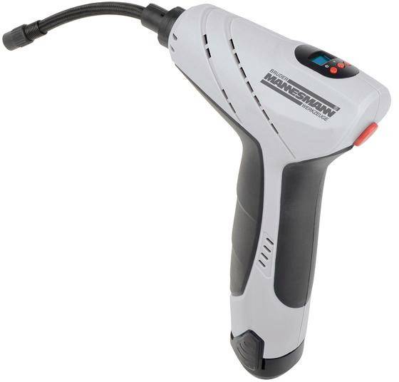 An electric air compressor tool with a flexible hose and digital display for pressure measurement. Suitable for various types of tyres.