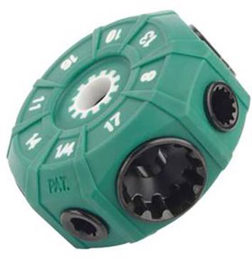 A green adjustable spanner with numerical markings from 10 to 19 around a circular opening, suitable for various nuts.