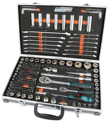 An open toolbox displays various socket wrenches, ratchets, screwdrivers and accessories neatly arranged in matching compartments.