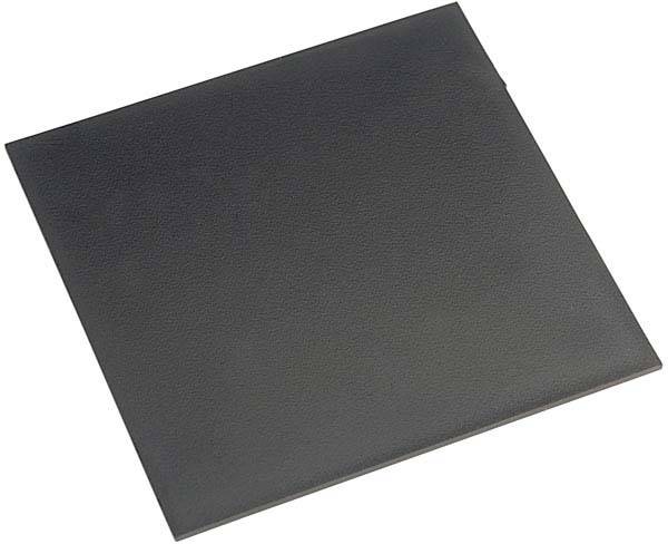 A square, black piece of metal with a slight texture, possibly a metal plate or a technical component.