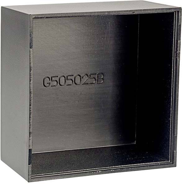 Black, square casing with the inscription 'G505025B' inside. It appears empty and has a textured surface.