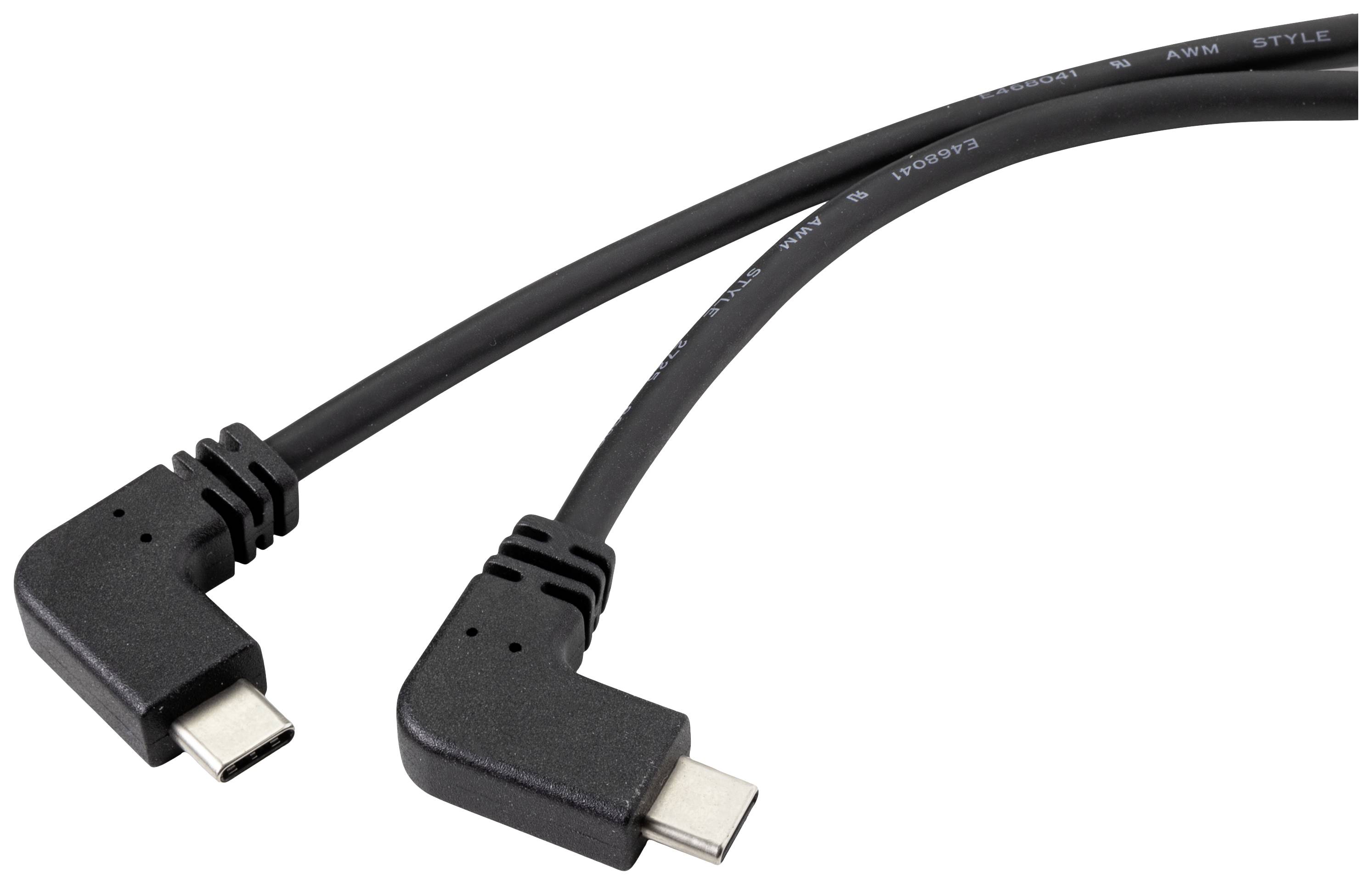 A black USB-C cable with two right-angled plugs is lying on a white background.