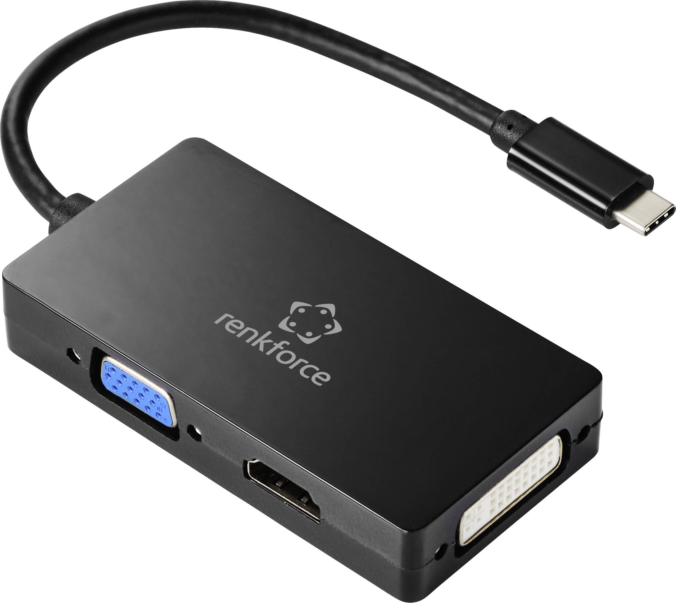 A black USB-C adapter with the 'renkforce' logo connects USB-C to VGA, HDMI and DVI ports, ideal for connecting multiple display types.
