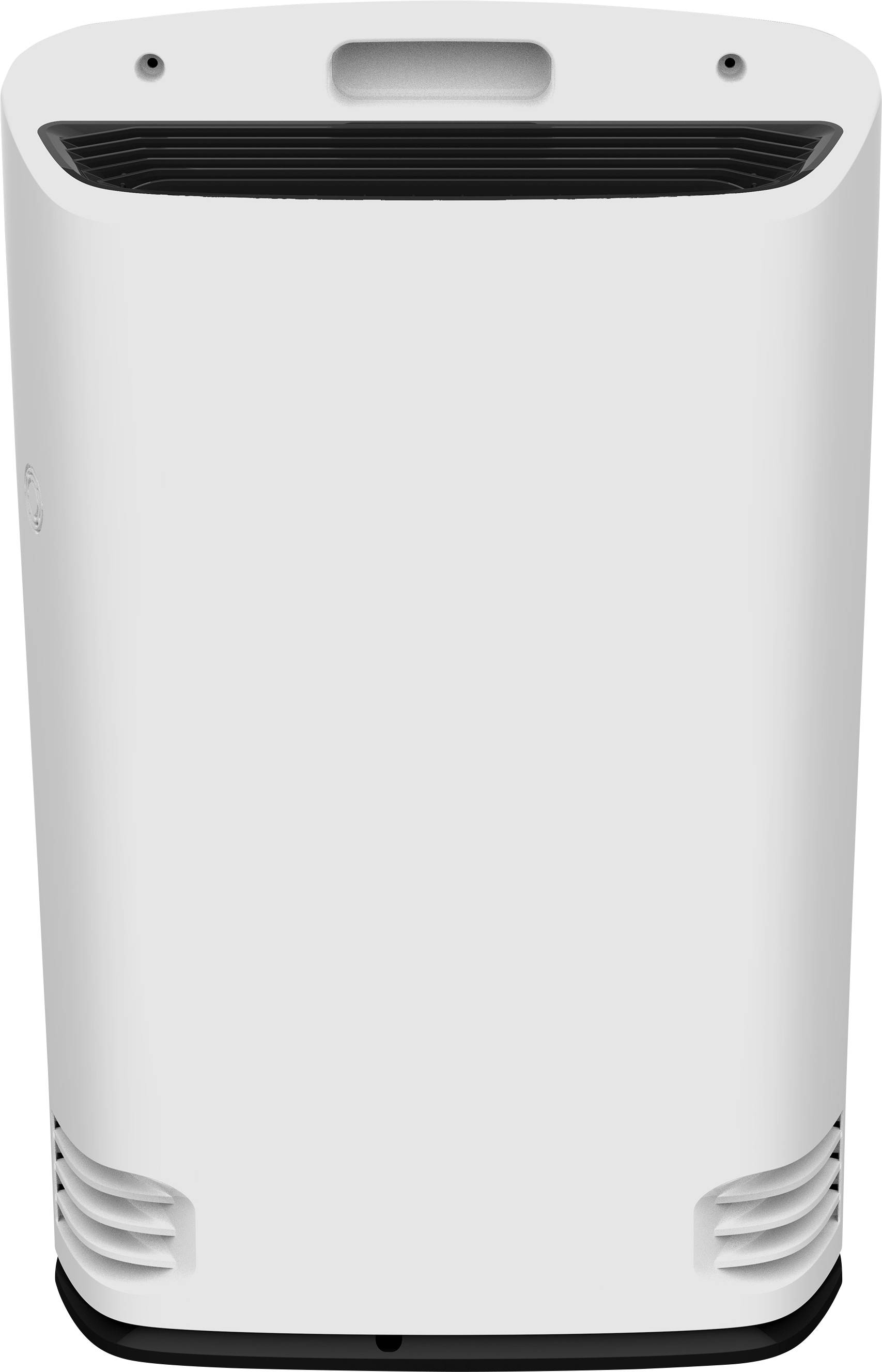 A white, modern air purifier with a sleek design and ventilation slots on the top and bottom.