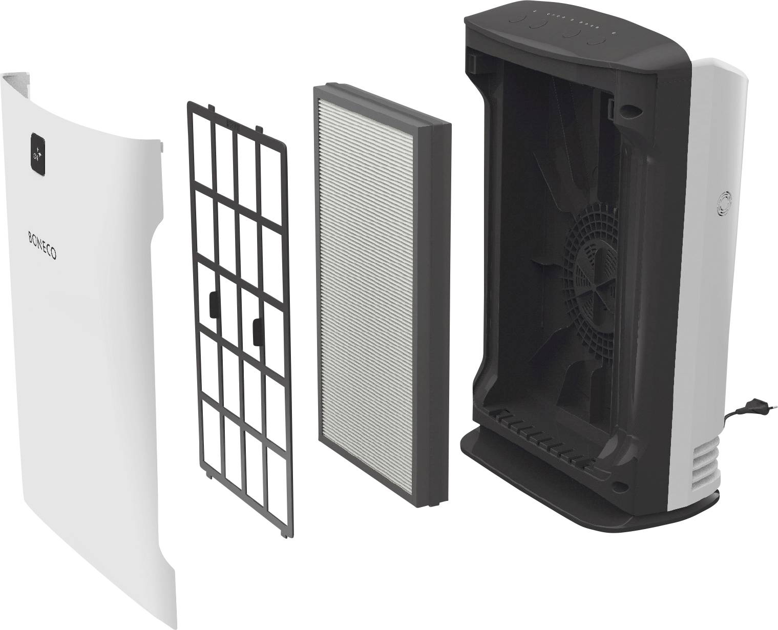 Exploded diagram of an air purifier: housing, grid filter, HEPA filter and fan housing arranged from left to right.