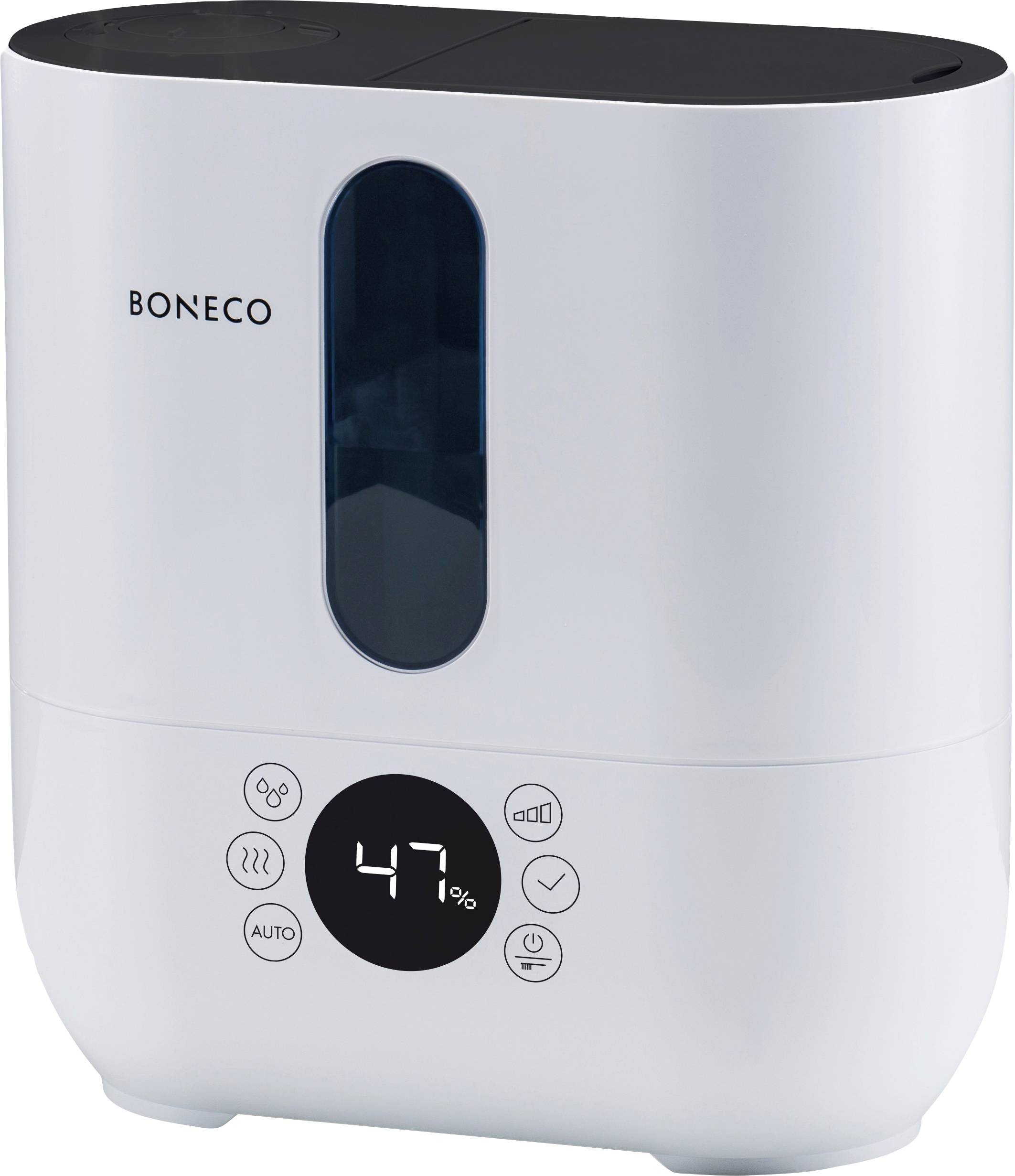 Humidifier with digital display showing '47%'. Several setting icons underneath.