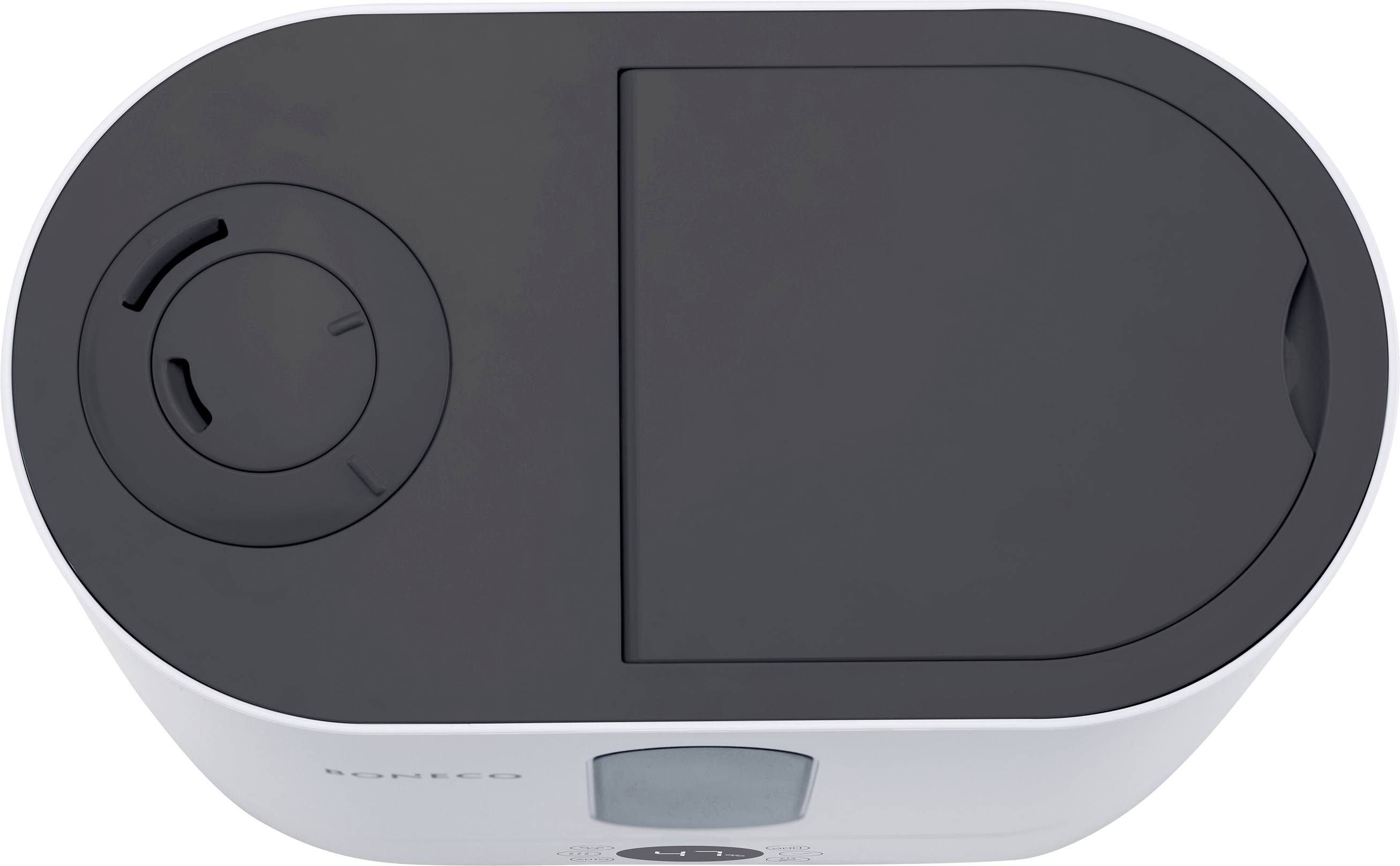 Humidifier from above, showing water and steam openings and control panel.