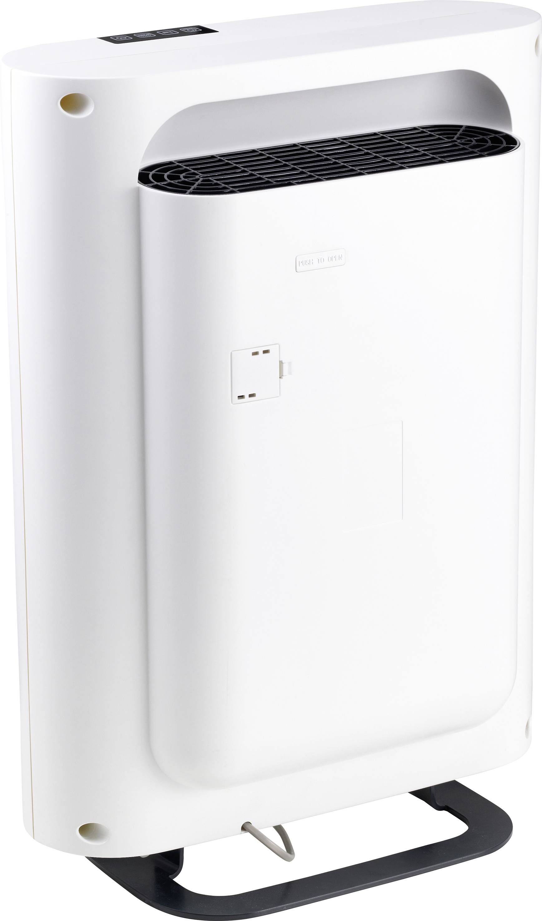 Air purifier in a modern, sleek design, standing on a metal base.