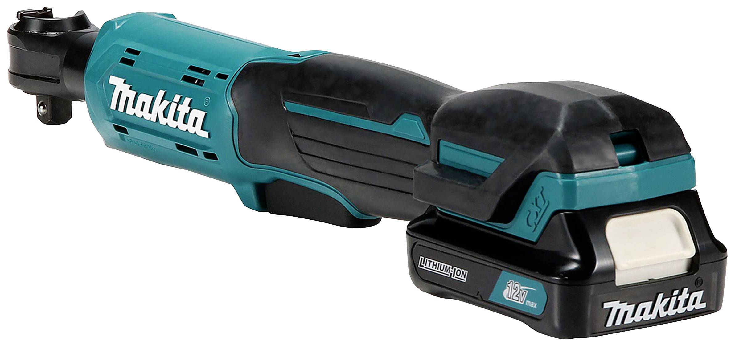 A blue Makita cordless drill on a white background, with a black handle and a removable battery at the bottom.