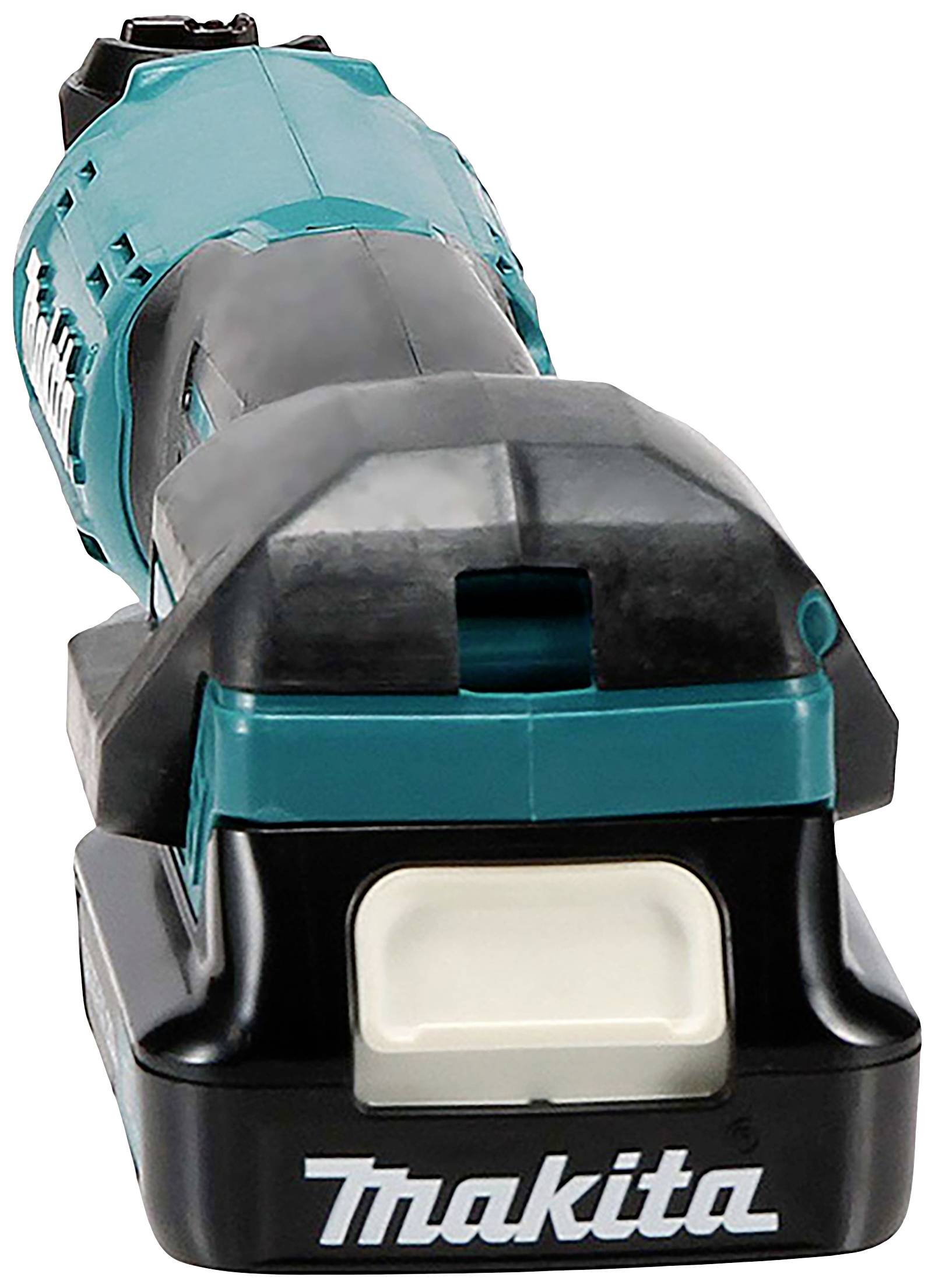 Makita cordless power tool in turquoise and black, front view.