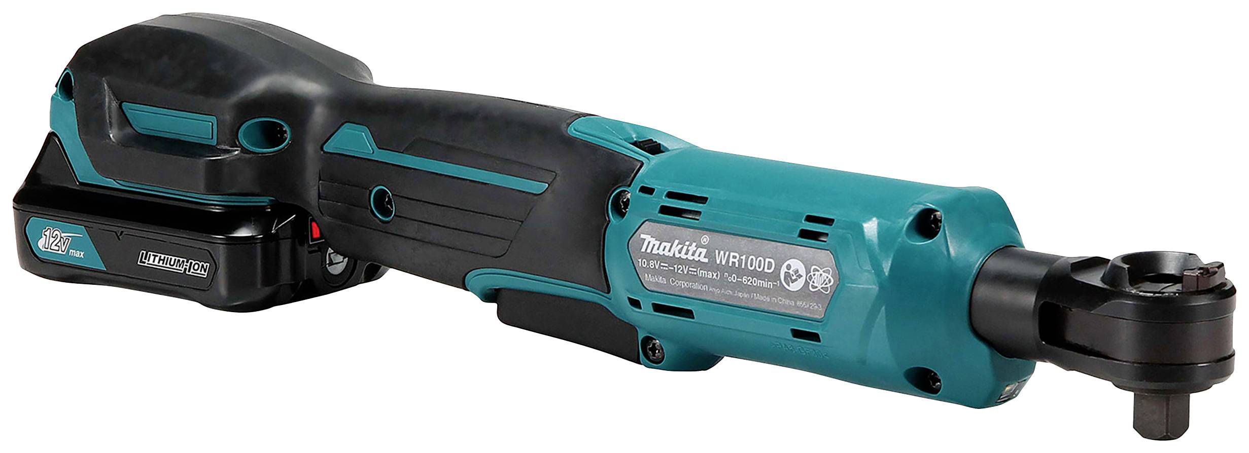 Makita Impact Wrench, Model WR100D, blue and black with battery compartment and ergonomic handle, on white background.